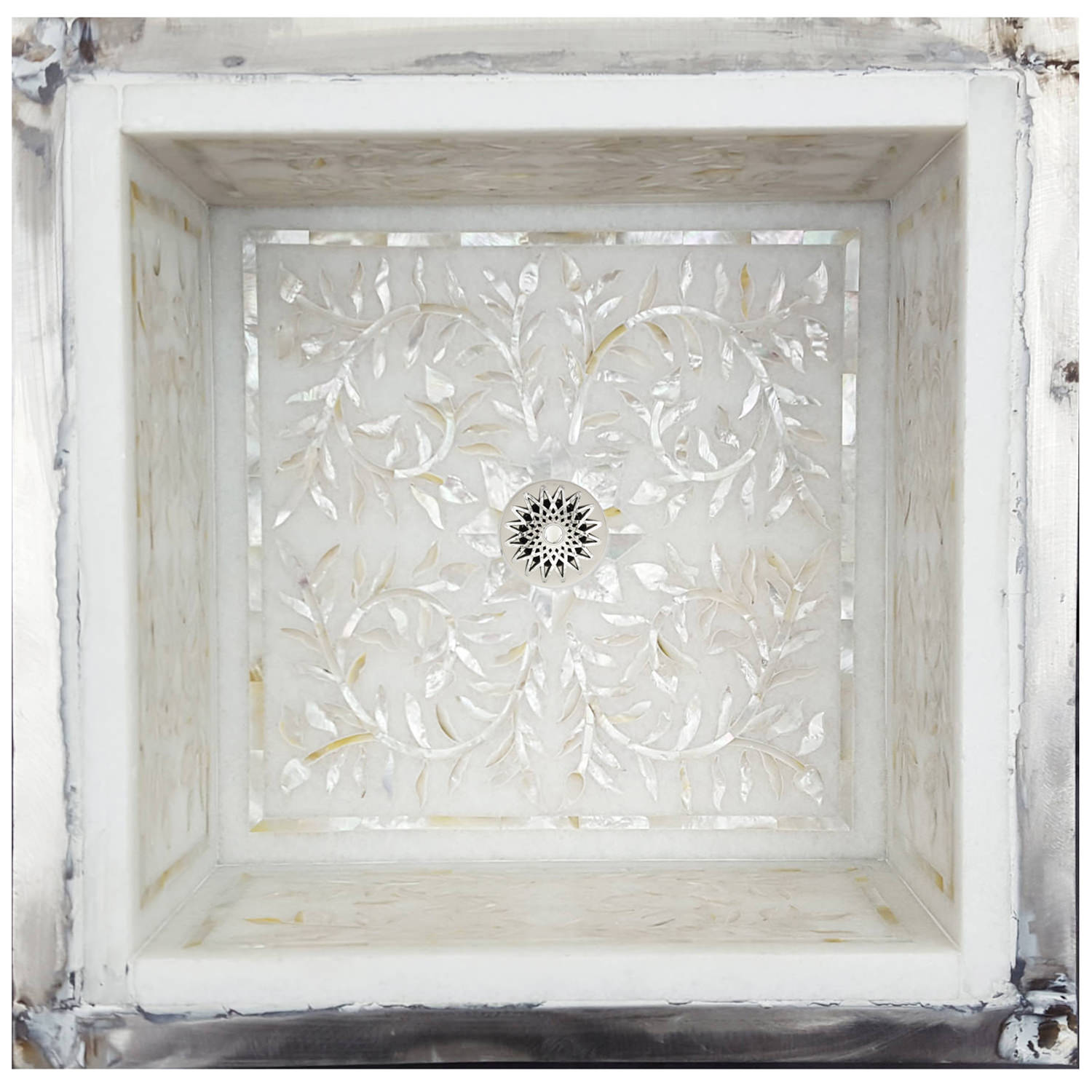 Linkasink Bathroom Sinks - MI15 W Square White Marble Mother of Pearl Inlay Undermount Sink - White